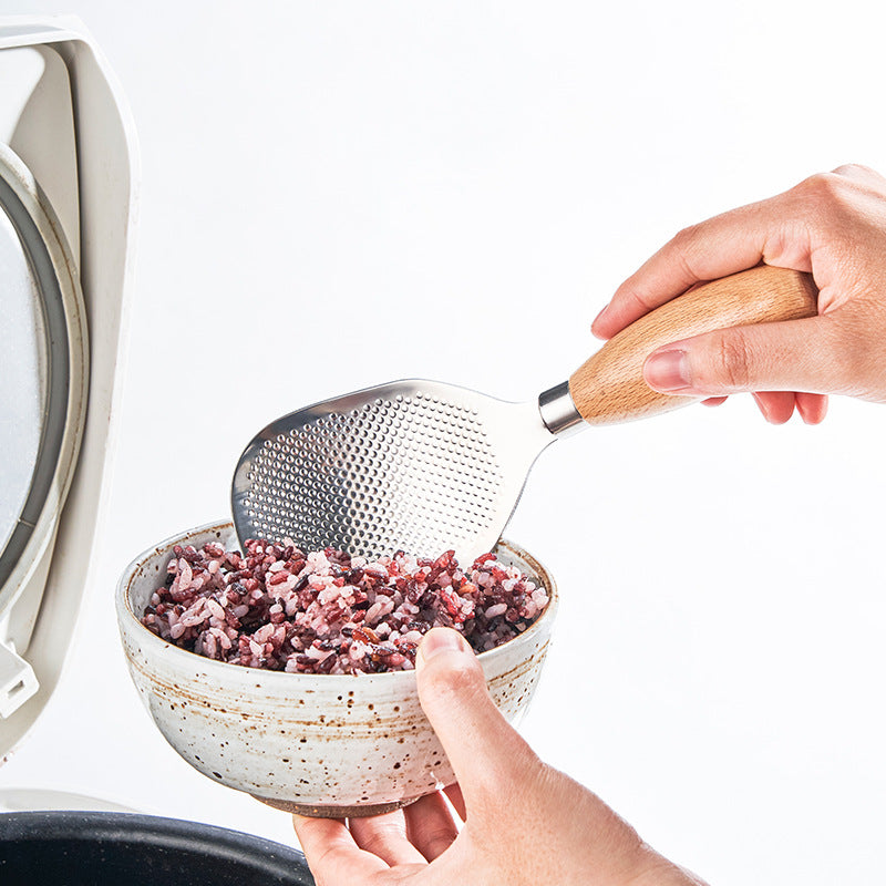 Hongjunda 304 Stainless Steel Rice Spoon Wooden Handle Nonstick Standing Serving Spoon